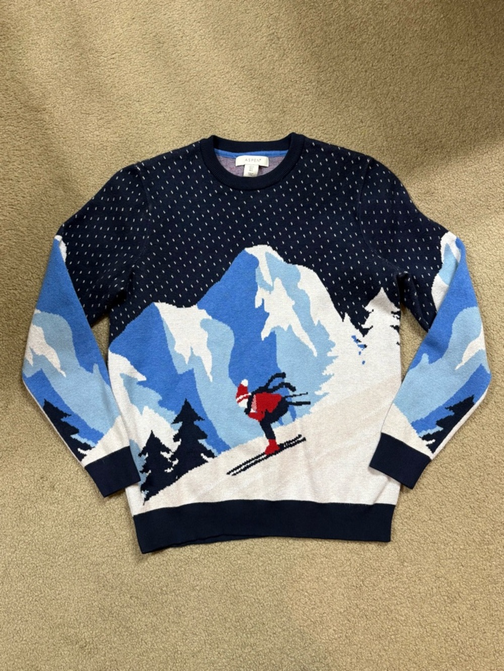 Aspen Ski Scene Crewneck Sweater - Navy with Blue, White & Red Accents